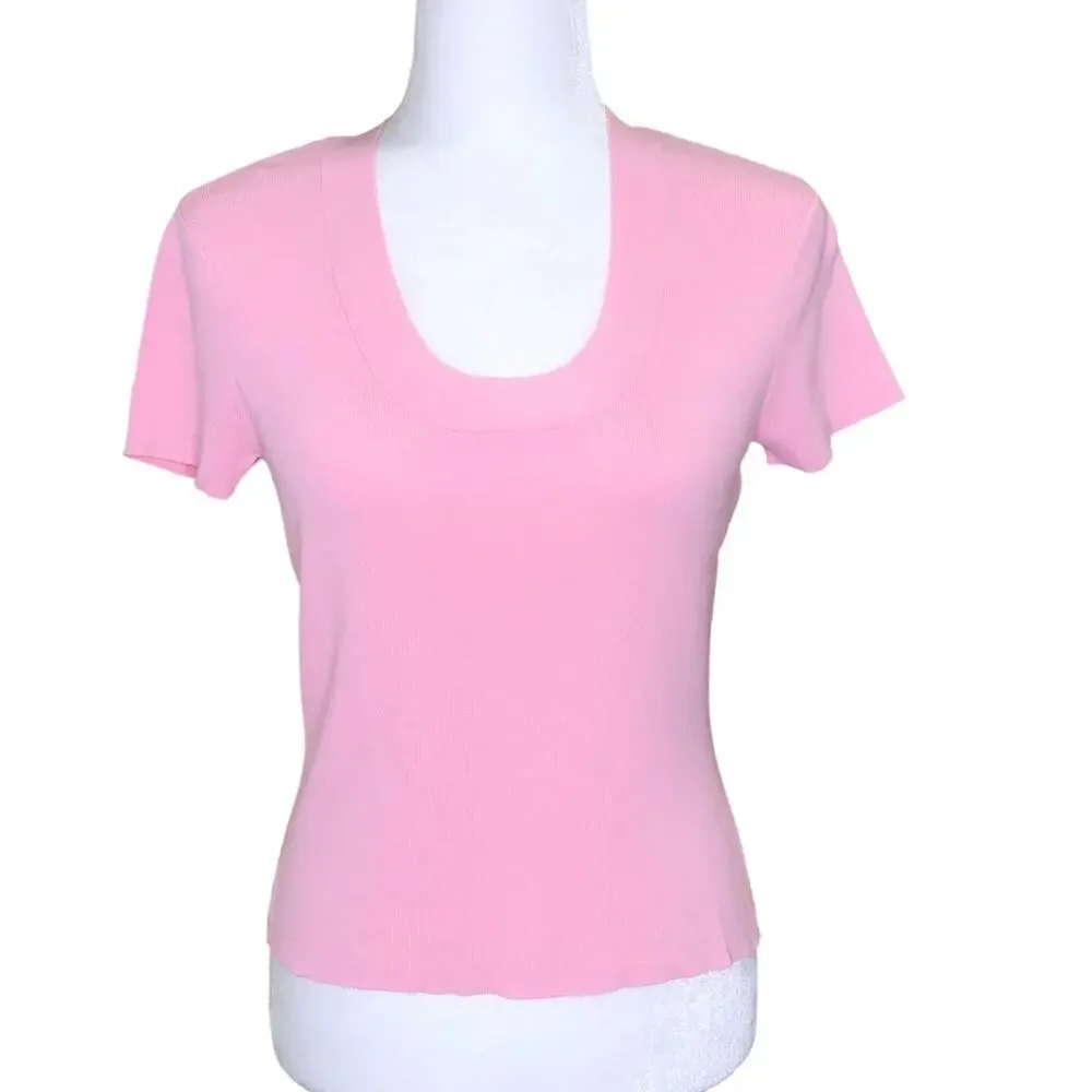 Talbots Petite Pink Scoop Neck Short Sleeve Stretch Top Barbiecore - Picture 1 of 6